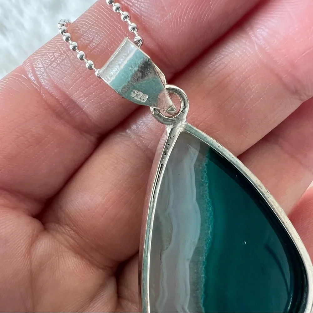 Teal Lace Onyx Gemstone Pendant Necklace Sterling Silver 925 Pear Cut New - Picture 8 of 10